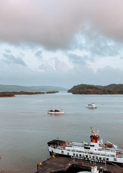 Vast ocean with ships surrounded by greenery, Tobermory, Isle of Mull, Scotland