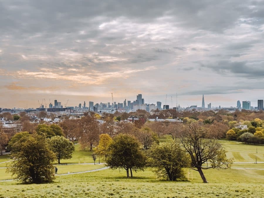 View from the top of Primrose Hill to the London skyline and across Regent's Park, one of the best parks in London