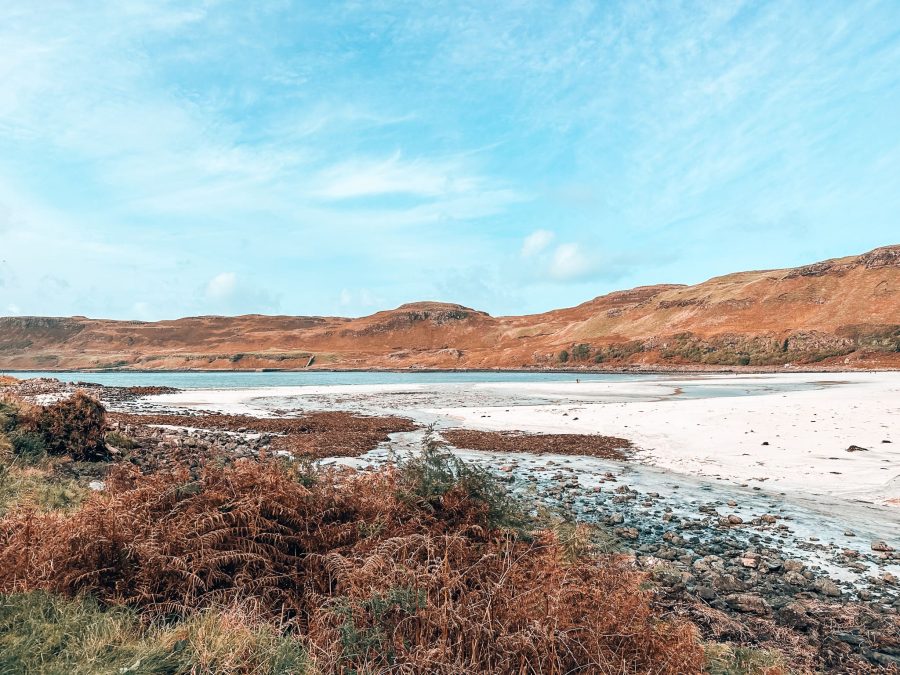 A white sand beach with countryside behind, Calgary Beach, places to visit on the Isle of Mull, Scotland