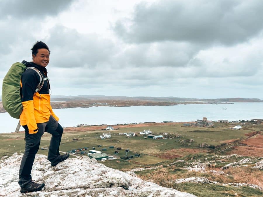 Andy stood at the summit of Dun I overlooking the Isle of Iona, Scotland