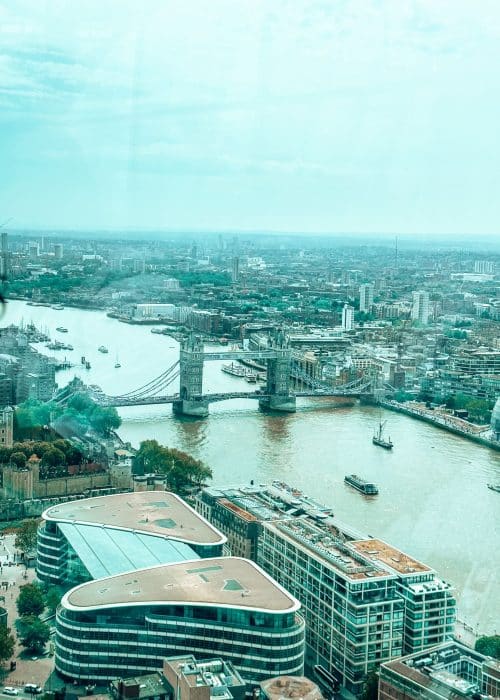 View from the Sky Garden looking over the River Thames and Tower Bridge, free viewpoint in London