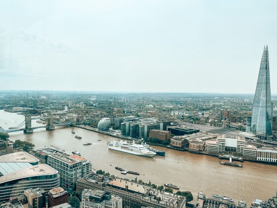 View from the open-air terrace at the Sky Garden over The Shard, Tower Bridge and The River Thames, views of London