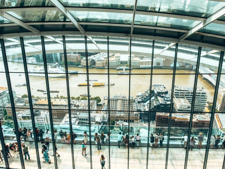 View from the upper floor of the Sky Garden to the open-air terrace and River Thames, London