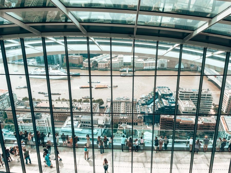 View from the upper floor of the Sky Garden to the open-air terrace and River Thames, London