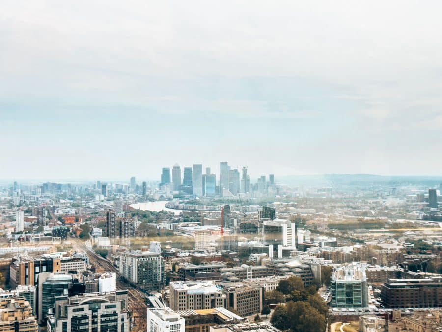 Canary Wharf in the distance from The Sky Garden, panoramic views of London