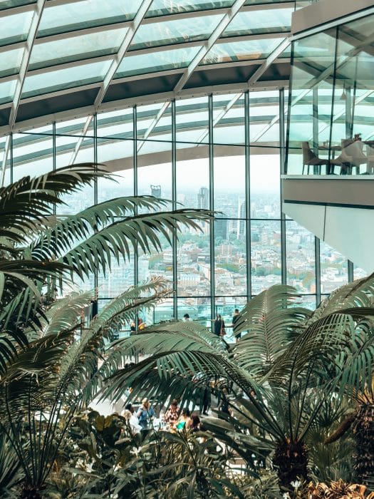 Inside the Sky Garden with lots of plants and huge glass windows and ceiling, London
