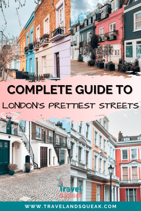 A pin on the prettiest streets in London with images of the colourful Hartland Road, St Luke's Mews, Holland Park Mews and Chalcot Square