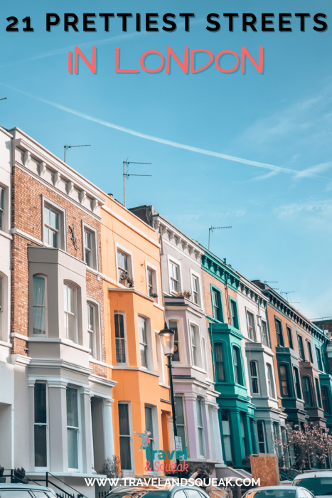 A pin on the prettiest streets in London with an image of the vibrant-coloured terraced houses in Lancaster Road, Notting Hill