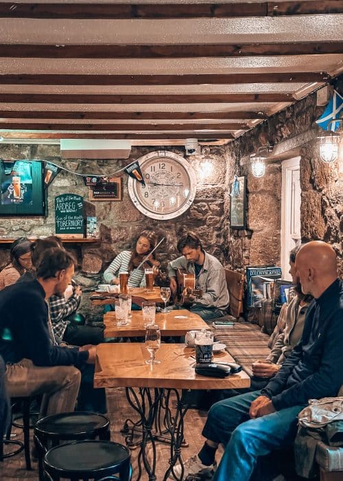 A 2-person live band playing in the cosy pub at Keel Row, Fionnphort, Isle of Mull