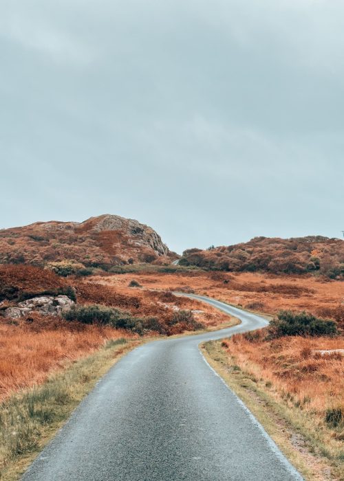 A single-lane road surrounded by rugged natural scenery, Isle of Mull