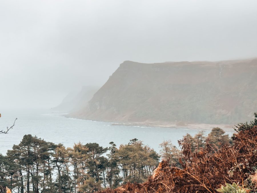 Cliffs plunging dramatically into the ocean shrouded in mist on our Isle of Mull itinerary, Scotland