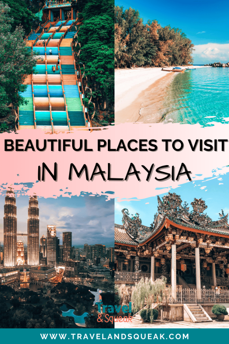 A pin on beautiful places to visit in Malaysia with images of the Batu Caves, Perhentian Islands, Petronas Towers and Khoo Kongsi