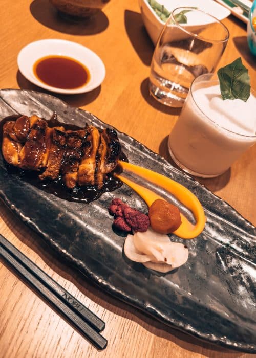 A plate of Chicken Yakimono with Teriyaki sauce at Nobu Weekend Brunch, Shoreditch, London