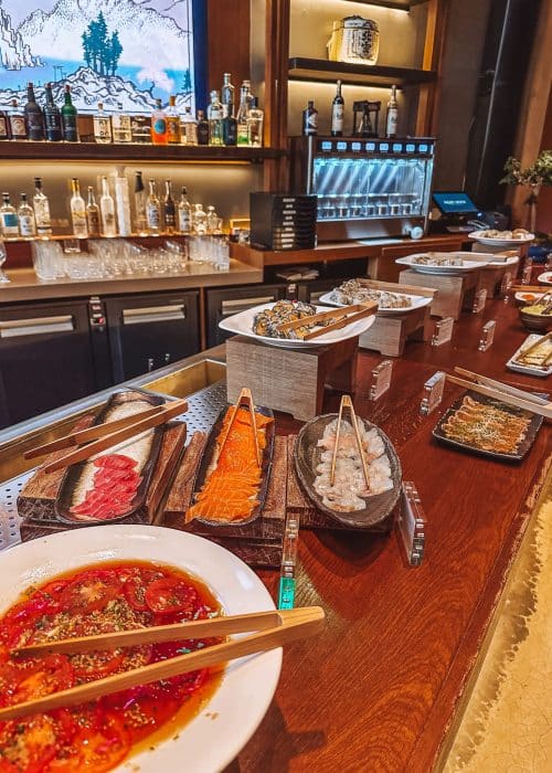 A variety of sushi, salads and ceviche at the buffet at Nobu Shoreditch Bottomless Brunch, London