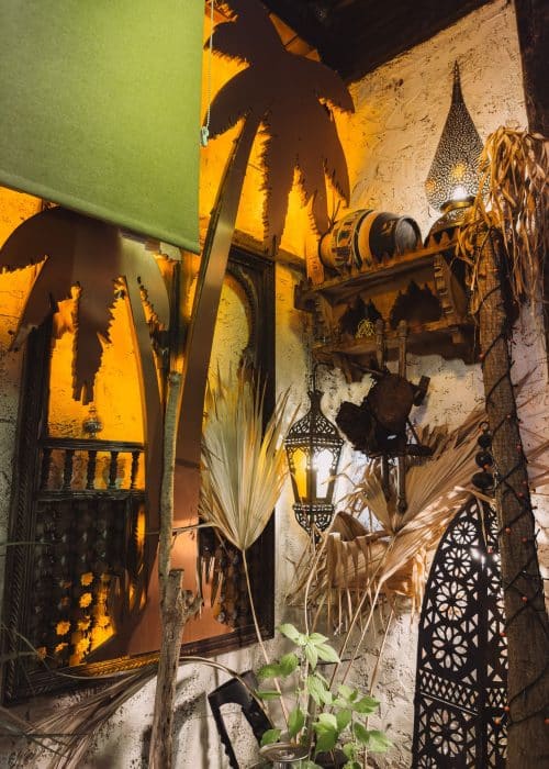 Beautiful intricate wood carvings decorating Oasis Lounge London, best Moroccan restaurants in London