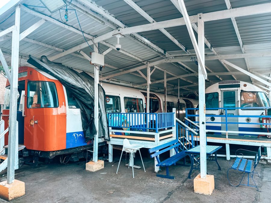 Exterior of two disused Victoria Line tube carriages at the Walthamstow Supperclub, London