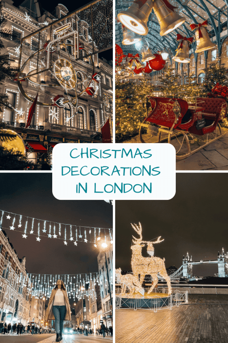 A pin on the best Christmas decorations in London 2025 with images of New Bond Street, Oxford Street, Covent Garden and Tower Bridge