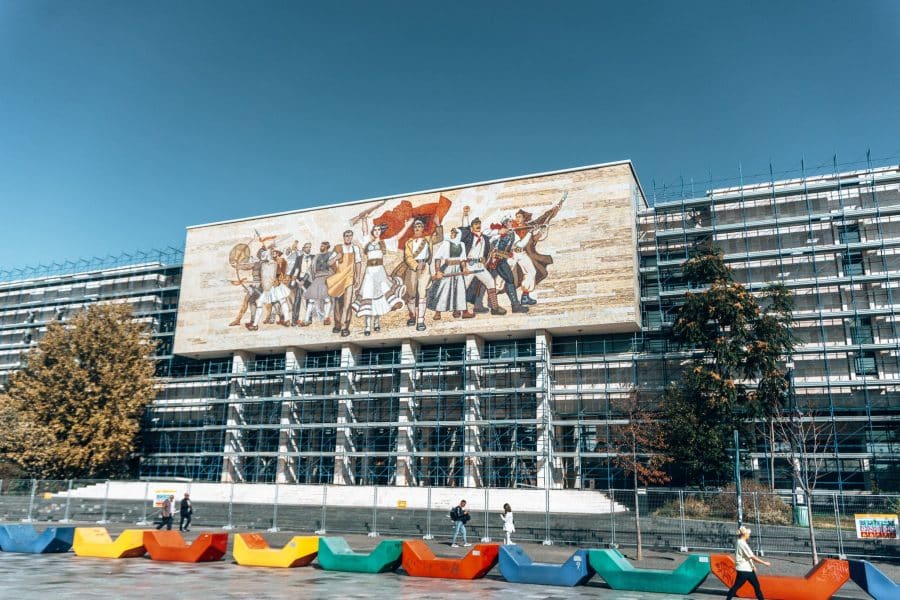 A large building with a huge mosaic mural, National History Museum, Skanderbeg Square, best things to do in Tirana, Albania