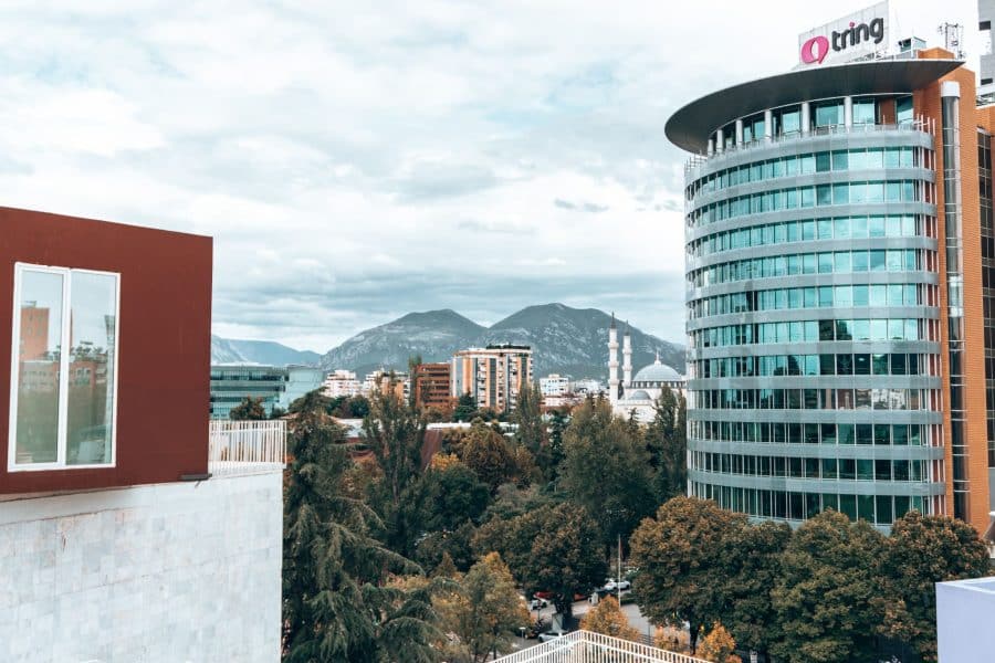 View from the top of the Pyramid of Tirana across the city out to the surrounding mountains, Albania