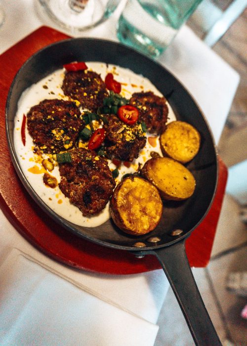 A traditional meal of veal meatballs at Era Restaurant, Tirana, Albania