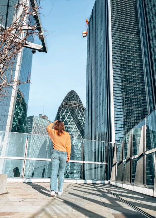 Helen walking towards the Gherkin at the Garden at 120 Fenchurch Street, 4 days in London