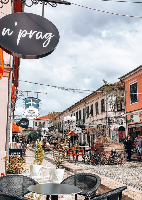 A quaint pedestrianised street lined with cafes, shops and restaurants, Shkoder, Albania