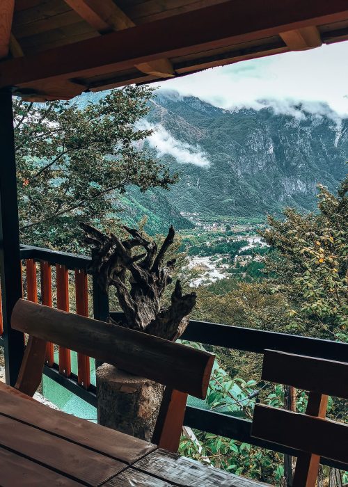 The view over Theth and surrounding mountains from the outside terrace at Thethi Paradise Hotel, Theth, Albania