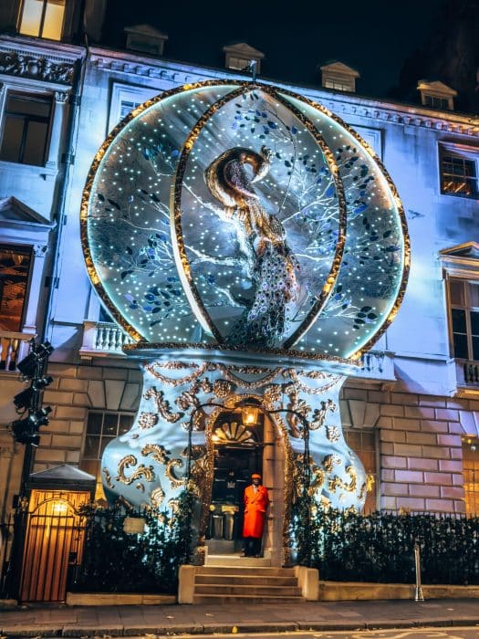 Annabel's exterior dressed as an enchanting snow globe, best Christmas decorations in London