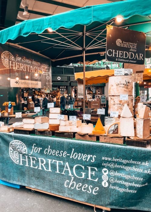 A cheese stall at Borough Market, London Itinerary