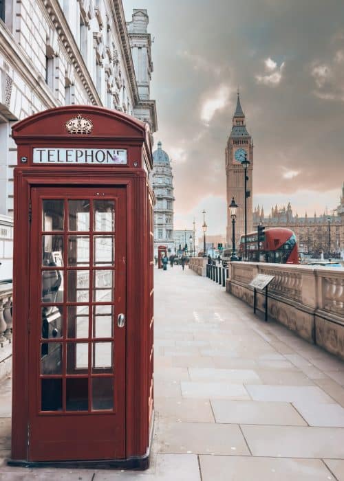 An iconic red telephone box with Big Ben in the background, 4 day London itinerary