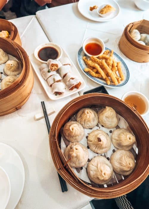 A table of dim sum at Dumpling's Legend, London Chinatown, Soho