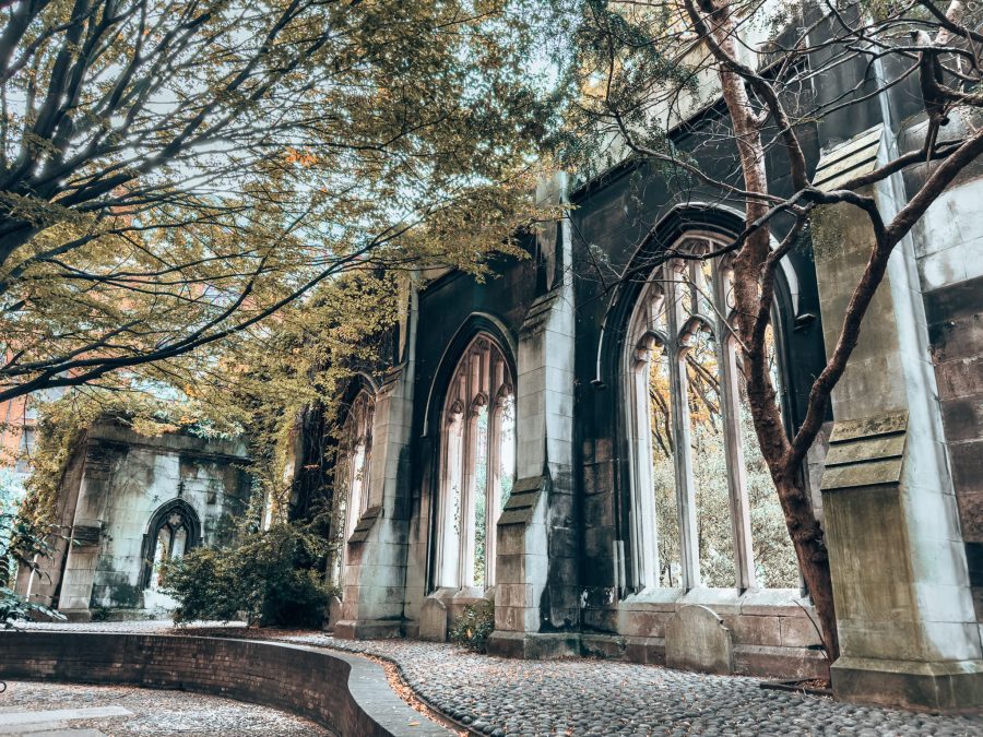 A bombed-out vine-covered wall at St Dunstan in the East Church Gardens, City of London