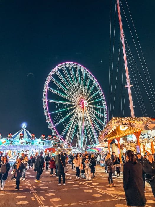 The big ferris wheel and amusement rides at Winter Wonderland, best London Christmas Markets