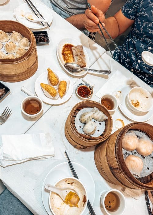 A table of dim sum at Dumpling's Legend, London Chinatown, Soho