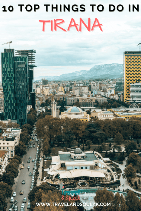 A pin on the best things to do in Tirana, Albania with an image of the Sky Club