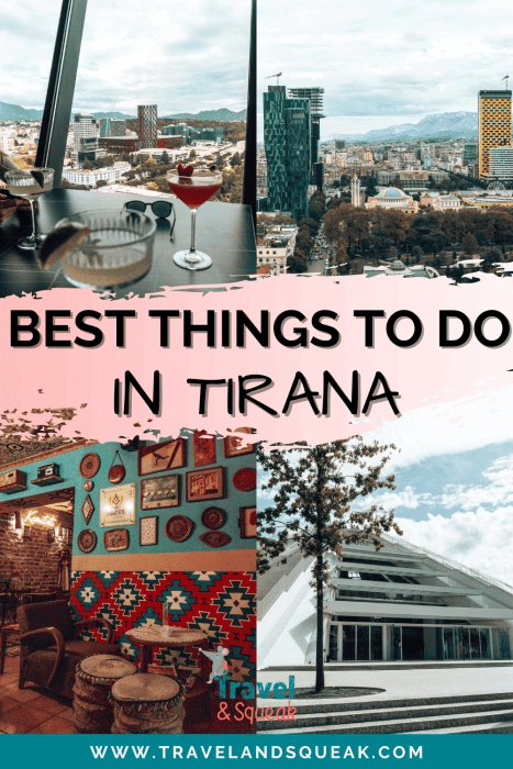 A pin on the best things to do in Tirana, Albania with images of the Sky Club, Pyramid of Tirana and Kometeti Bar