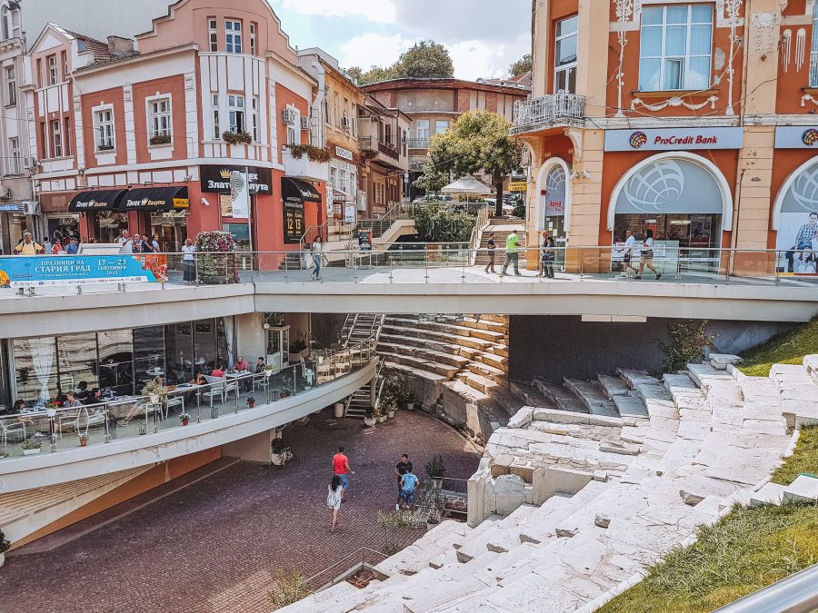 Ancient Stadium of Philipopolis built into the streets and shops in Plovdiv, Bulgaria