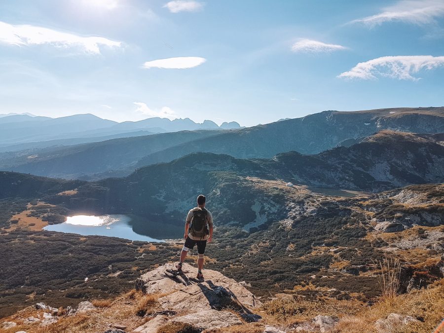 Andy overlooking one of the seven lakes at Seven Rila Lakes, hiking in Bulgaria