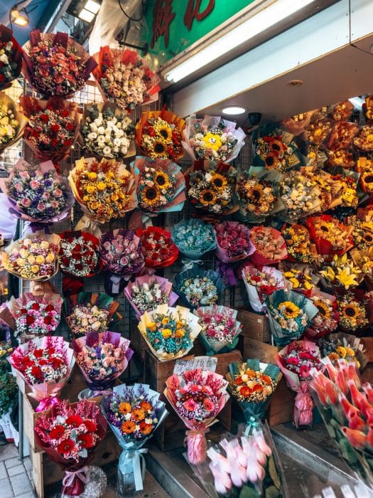 Rows of colourful bouquets of flowers at Flower Market, Hong Kong