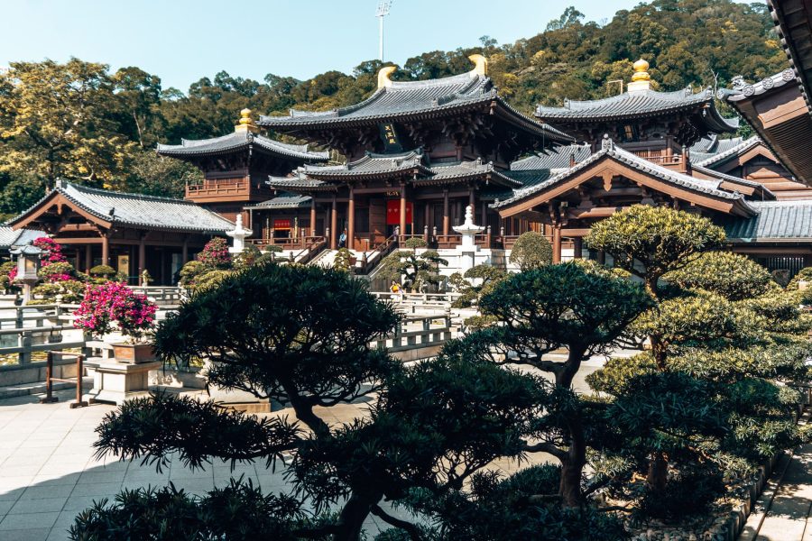 The impressive temple complex behind perfectly-pruned trees and flowers, Chi Lin Nunnery and Nan Lian Garden, Hong Kong