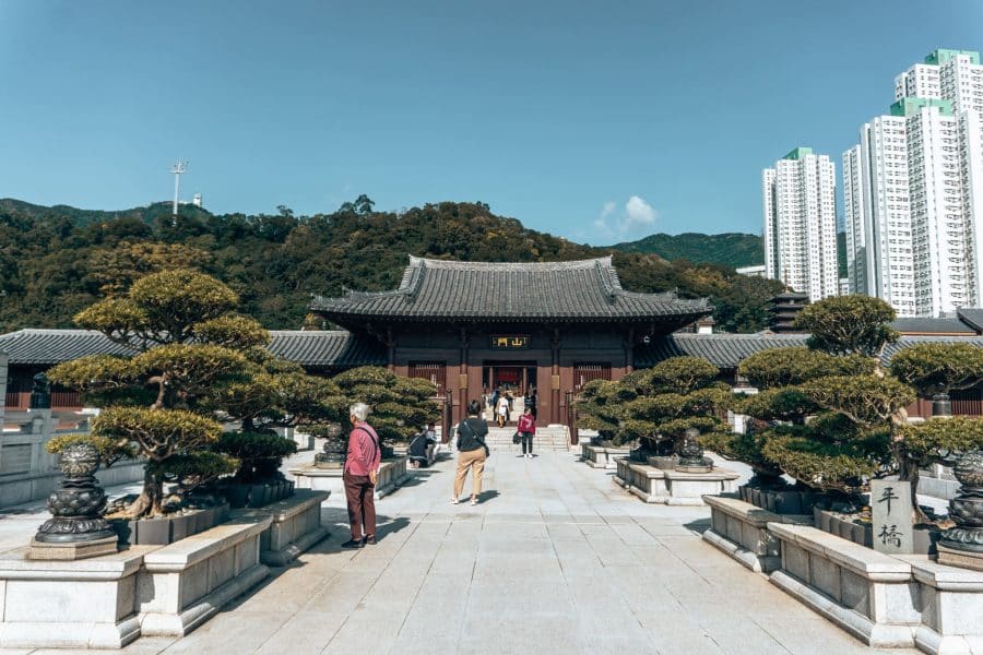 A courtyard with lots of trees at Chi Lin Nunnery and Nan Lian Garden, Hong Kong