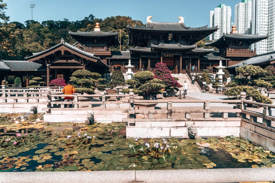 One of the large lotus ponds in the courtyard at Chi Lin Nunnery and Nan Lian Garden, Hong Kong