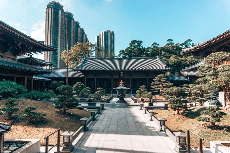 A smaller courtyard with bonsai trees and a large gold incense burner in the middle, Chi Lin Nunnery, Hong Kong