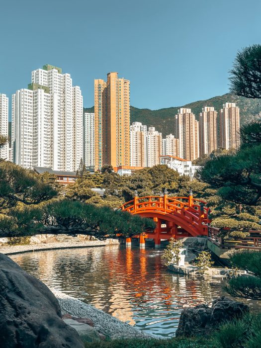 The bridge red Zi Wu Bridge over a pond with towering skyscrapers behind, Nan Lian Garden, Hong Kong