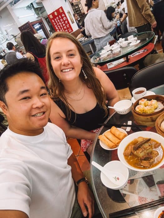 Both of us at the table with several dim sum plates, Lin Heung Lau, Hong Kong Island