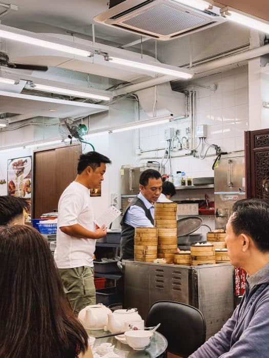 Andy at the dim-sum trolley seeing what's being served, Lin Heung Lau, Hong Kong Island