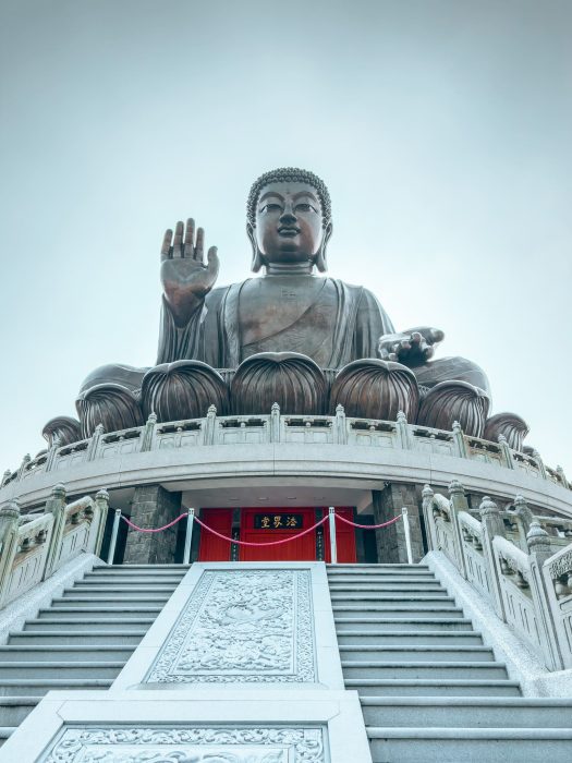 The huge Tian Tan Buddha towering above, Lantau Island, Hong Kong