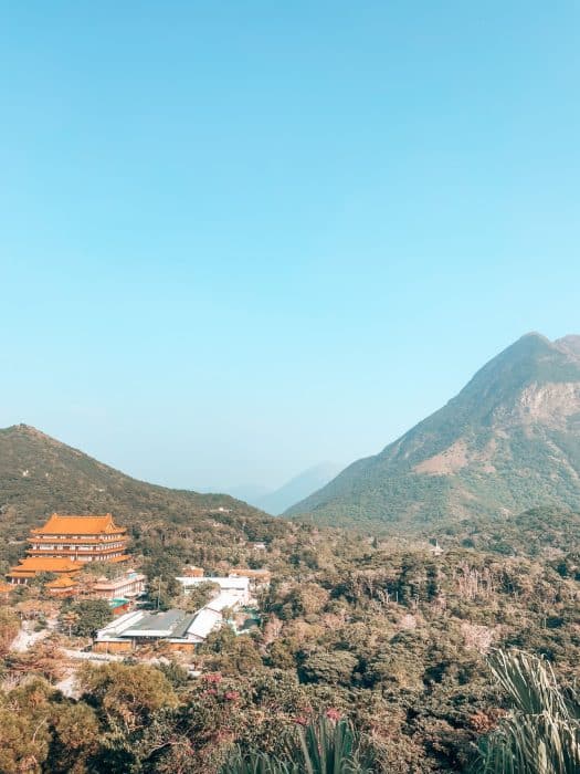 View from the Ngong Ping Viewing Platform to the Po Lin Monastery and mountains, Lantau Island, Hong Kong