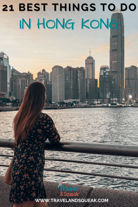 A pin on the best things to do in Hong Kong with an image of Helen looking out across Hong Kong Island from Wan Chai Waterfront