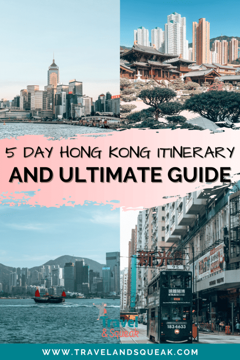 A pin on a 5 Day Hong Kong Itinerary with images of Hong Kong Island, Victoria Harbour, a Ding Ding and Chi Lin Nunnery